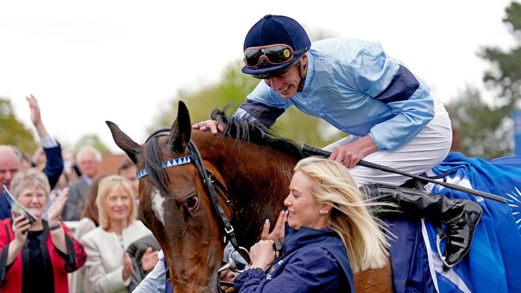 James Doyle celebrates on Cachet after winning the Qipco 1000 Guineas Stakes  at Newmarket. Photograph: David Davies/PA