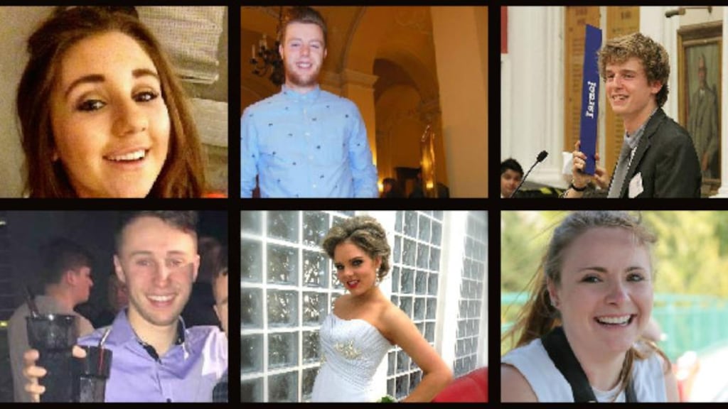 Berkeley victims from top left: Eimer Walsh; Eoghan Culligan; Lorcán Miller; Nick Schuster; Olivia Burke; and Ashley Donohue.