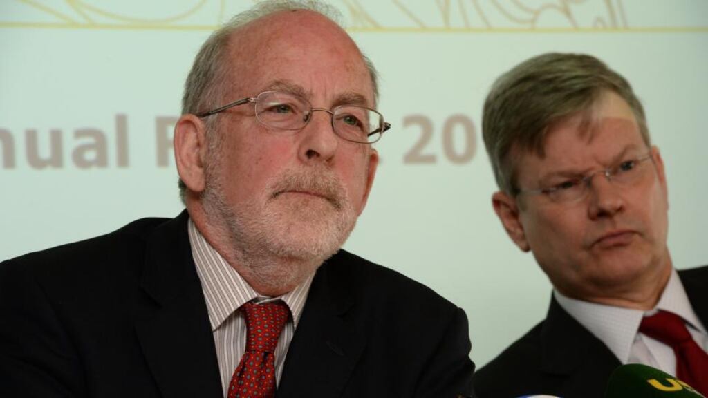 Central Bank governor Patrick Honohan with the bank’s deputy governor, Stefan Gerlach, at the press briefing on the bank’s annual report yesterday. Photograph: Cyril Byrne