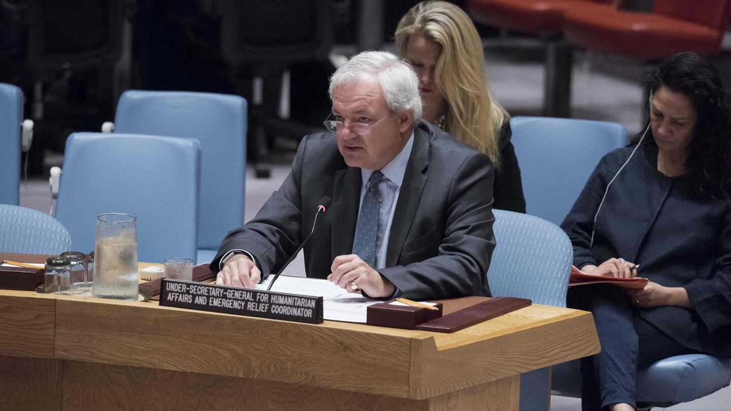 Stephen O’Brien, outgoing under-secretary general for humanitarian affairs and emergency relief co-ordinator, briefs the UN Security Council on the humanitarian situation in Yemen on August 18th. Photograph: Kim Haughton/AFP/Getty Images