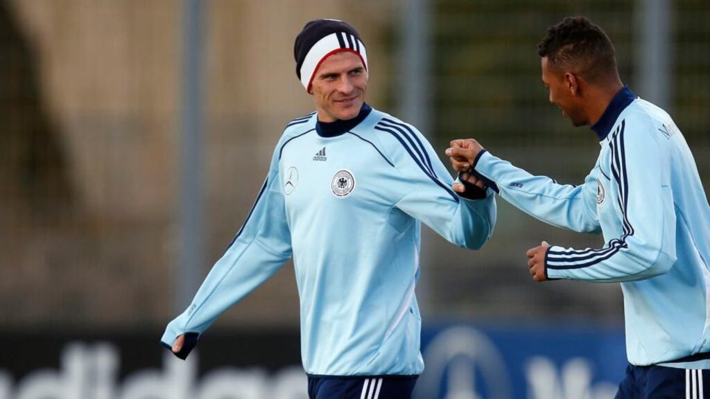 Mario Gomez and Jerome Boateng during a Germany training session last week. Photograph: Lisi Niesner/Reuters