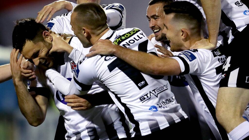 Dundalk’s Patrick Hoban celebrates scoring their fourth goal with his team-mates in the SSE Airtricity League Premier Division match at Oriel Park. Photograph: Ryan Byrne/Inpho