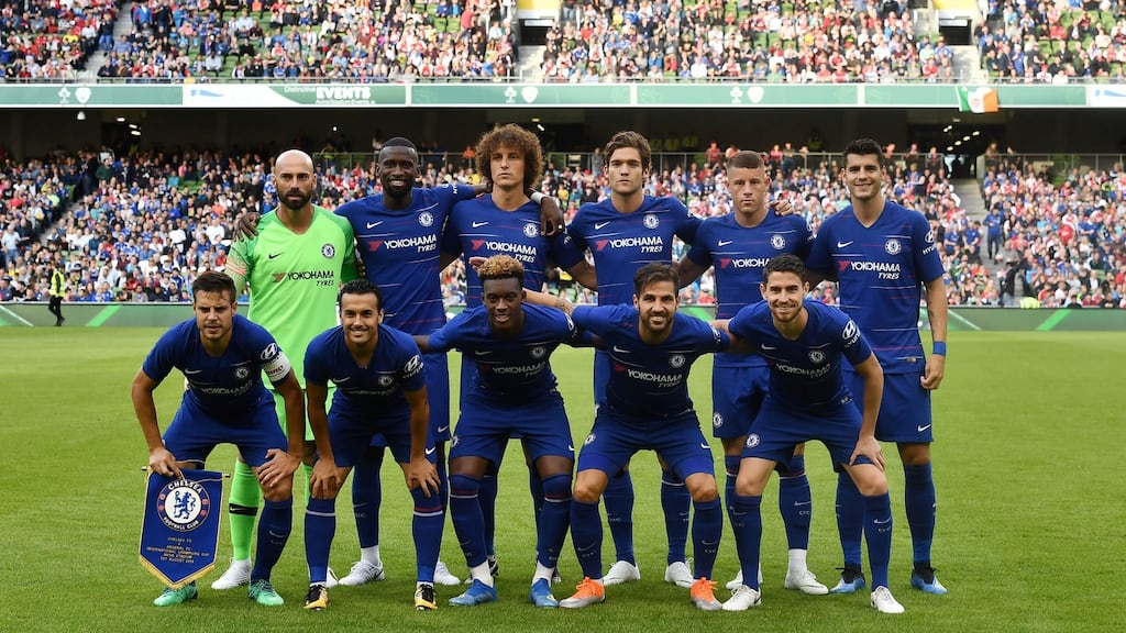 The Chelsea starting team pose for a photograph before the International Champions Cup game against Arsenal at the Aviva Stadium. Photograph: Charles McQuillan/Getty Images