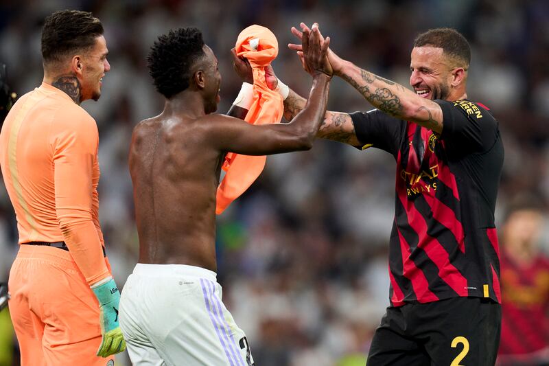 ‘Boxers fight and then they shake hands’ said Kyle Walker of his exchange with Vinícius Junior after the first leg in Madrid. Photograph: Diego Souto/Quality Sport Images/Getty Images