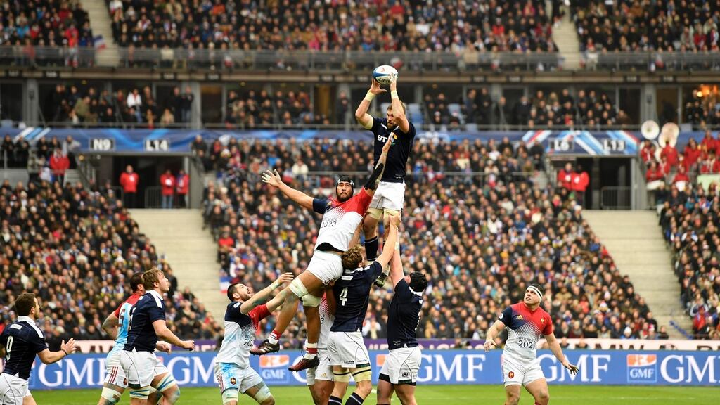 John Barclay in action against France at the Stade de France. Photograph: Getty Images