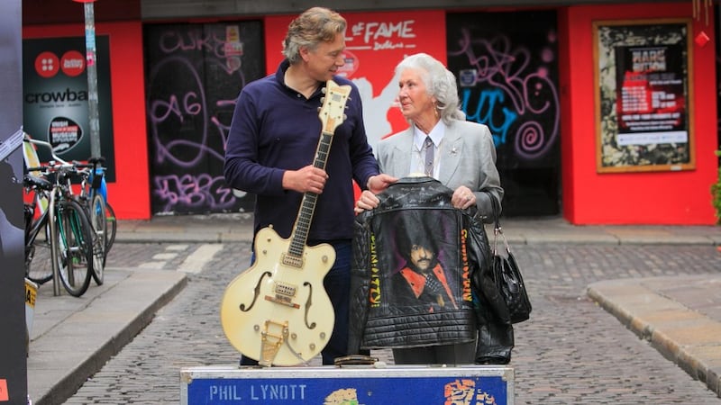 Phil Lynott's mother Philomena Lynott and Paddy Dunning during a hand over of Thin Lizzy/ Phil Lynnott guitars and memorabilia at Temple Lane Studios, Dublin to mark the opening of a new Irish Rock 'm' Roll Museum. Photograph: Gareth Chaney Collins