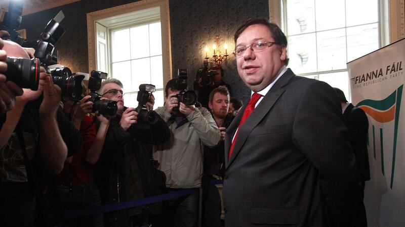 Taoiseach Brian Cowen photographed before leaving a press conference in the Merrion Hotel where he announced that he is stepping down as leader, in 2011. Photograph: Brenda Fitzsimons/The Irish Times