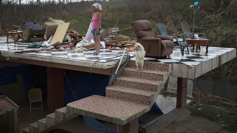 Irma Maldanado stands with her parrot and her dog in what is left of her home in Corozal, Puerto Rico, after it was destroyed Hurricane Maria in September 2017. Photograph: Joe Raedle/Getty Images