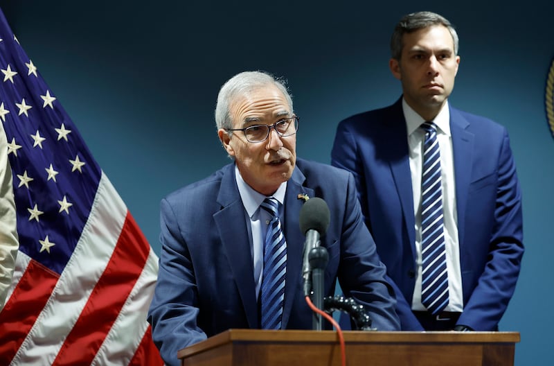 US special counsel David Weiss, with prosecutur David Hines in the background, speaks to the media in Wilmington, Delaware, after Hunter  Biden's conviction on gun charges. Photograph: Anna Moneymaker/Getty Images