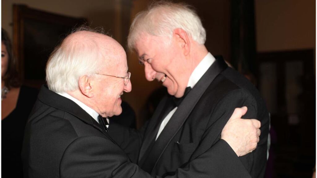 President Michael D Higgins id greets Seamus Heaney during the Irish Book Awards at the RDS, Dublin, in 2011. The president said yesterday: “The presence of Seamus was a warm one, full of humour, care and courtesy – a courtesy that enabled him to carry with such wry Northern Irish dignity so many well-deserved honours from all over the world.” Photograph: Brenda Fitzsimons