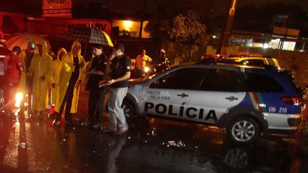 Police  outside Arruda stadium in recife where a man was killed by a toilet bol thrown form the stands after a game between  Parana and Santa Cruz. Photograph: Guga Matos/JC Imagem/Reuters