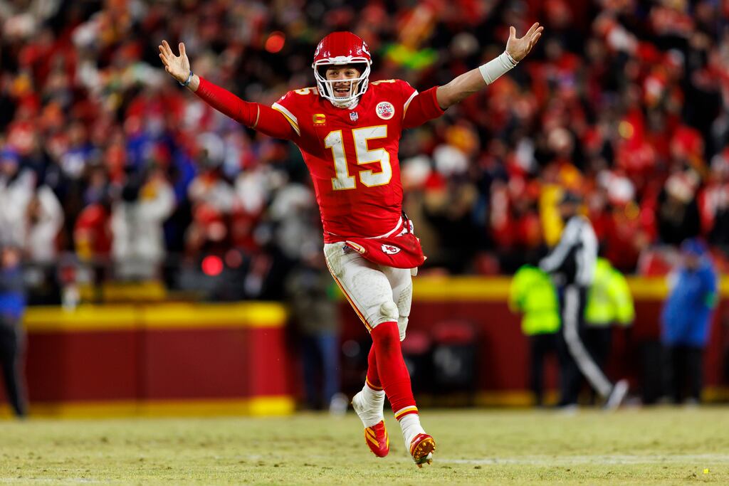 Kansas City Chiefs quarterback Patrick Mahomes celebrates after their defeat of the Buffalo Bills. Photograph: Brooke Sutton/Getty Images