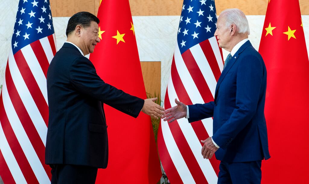President Xi Jinping of China and US president Joe Biden shaking hands in Bali, Indonesia, on Monday. Photograph: Doug Mills/The New York Times