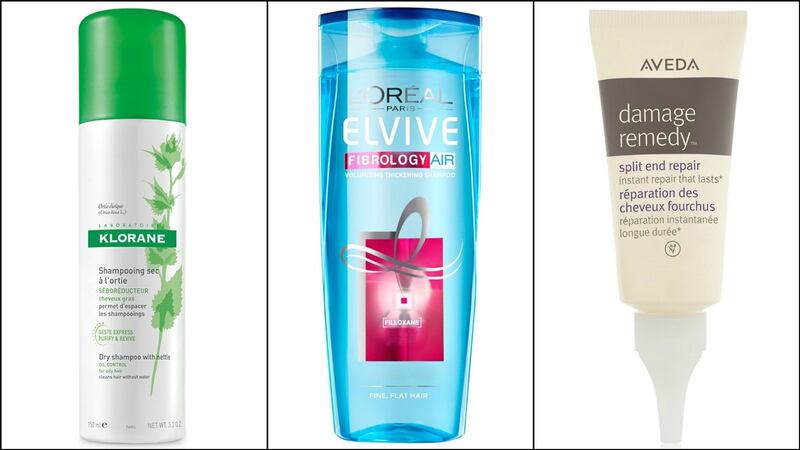 Klorane Sebo-Regulating Dry Shampoo with Nettle (€11.49); L’Oréal Paris Fibrology Air Volumising Thickening Shampoo (€5.84); Aveda Damage Remedy Split End Repair (€34)