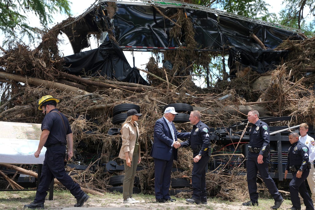 US president Donald Trump in Kerrville, Texas, following the floods. His second term will be a major blow to attempts to wean the world’s largest economy off fossil fuels. Photograph: Haiyun Jiang/The New York Times