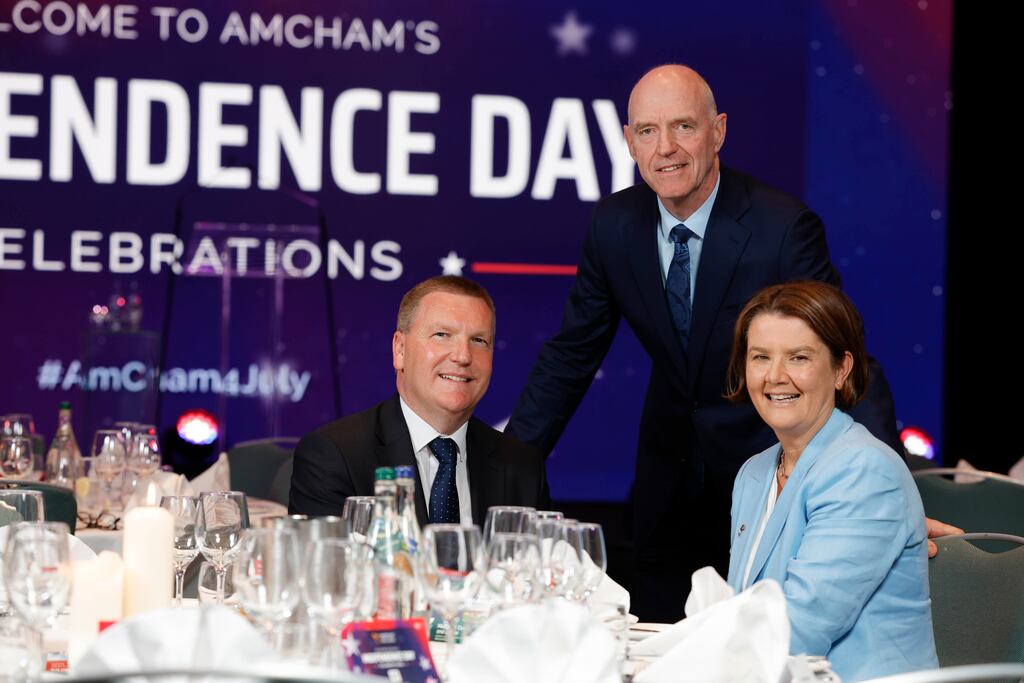Minister for Finance Michael McGrath with Seamus Fives, president of the American Chamber of Commerce Ireland, and Cathy Bryce, managing director of capital markets at AIB. Photograph: Conor McCabe