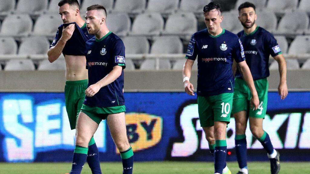 Shamrock Rovers’ Aaron Greene, Jack Byrne and Aaron McEneff dejected after Apollon scored their second goal last night in Cyprus. Photograph: Chara Savvides/Inpho