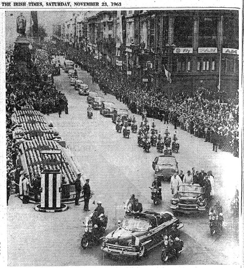 Page 6, 1963: ‘The climax of the first great welcome as Presiden Kennedy’s motorcade crosses O’Connell Bridge, Dublin. The cheering and excitement were echoed and increased as, later, the President visited New Ross, Wexford, Cork, Galway and Limerick.’
