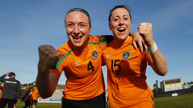 Ireland’s Louise Quinn and Lucy Quinn celebrate after their win. Photograph: Martin Seras Lima/Inpho