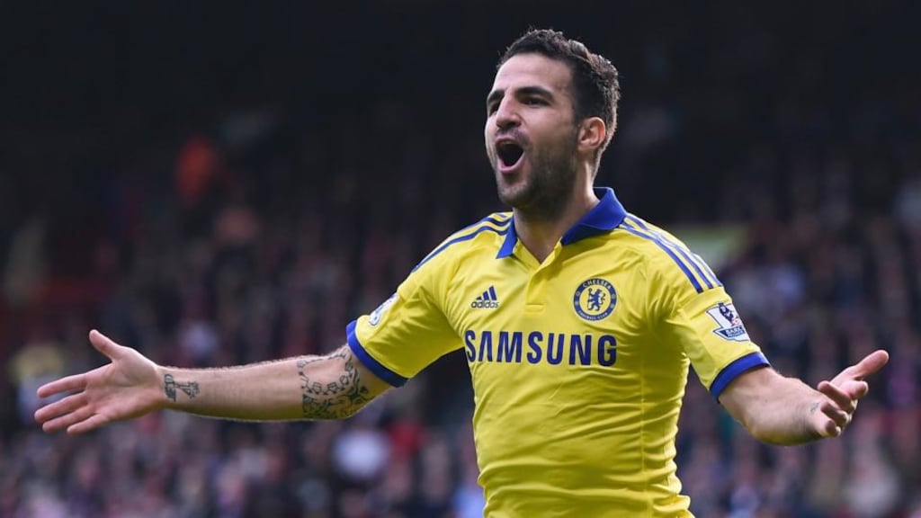 Chelsea’s Cesc Fabregas celebrates after scoring against Crystal Palace at Selhurst Park. Photograph: Dylan Martinez/Reuters