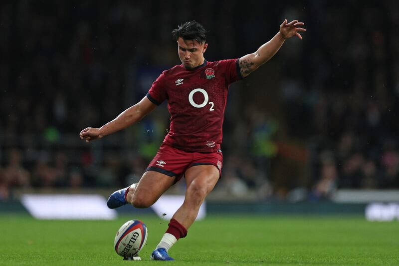 England's fly-half Marcus Smith attempts a conversion during the Autumn Nations Series International rugby union test match between England and Japan at the Allianz Stadium, Twickenham, London, in November. Photograph: Adrian Dennis/AFP via Getty Images
