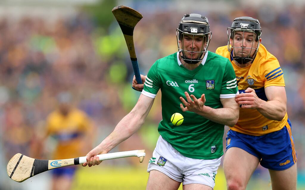 Limerick’s Declan Hannon and Tony Kelly of Clare in action during the Munster SHC final in Semple Stadium, Thurles. Photograph: James Crombie/Inpho