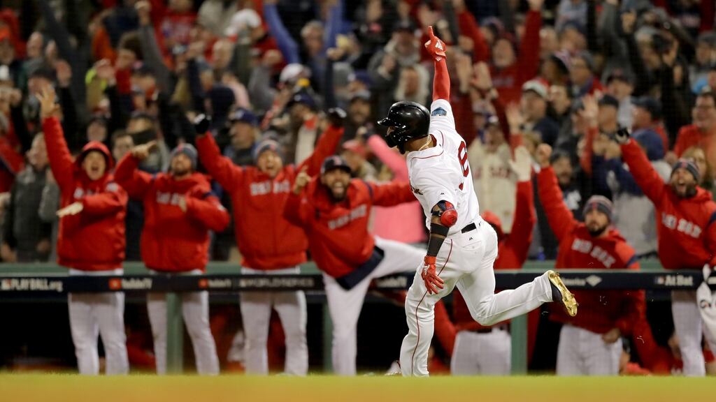 Eduardo Nunez celebrates his three-run home run in the first game of the World Series against the LA Dodgers. Photograph: Elsa/Getty
