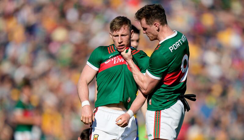 Ryan O’Donoghue and Matthew Ruane of Mayo. Photograph: James Lawlor/Inpho