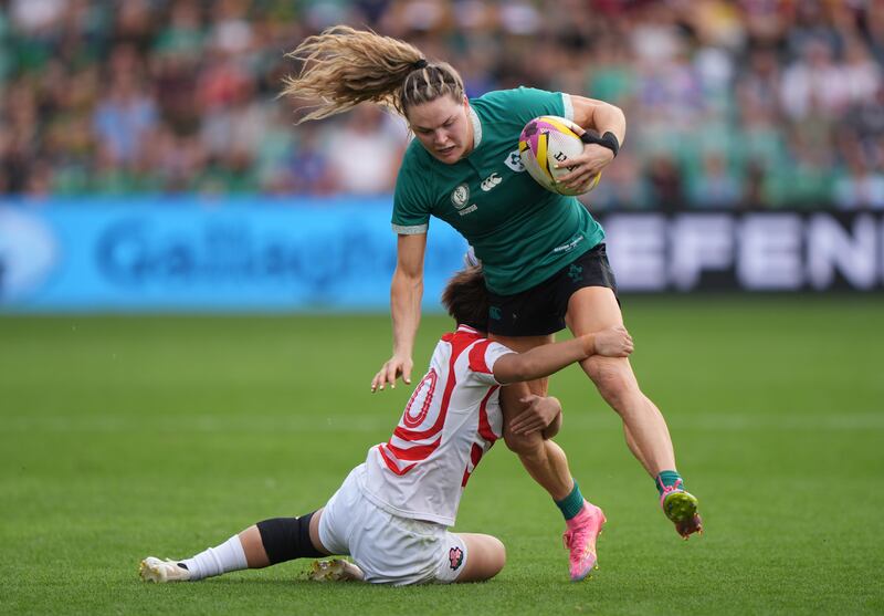 Ireland's Béibhinn Parsons is tackled by Japan's Ayasa Otsuka. Photograph: Joe Giddens/PA Wire