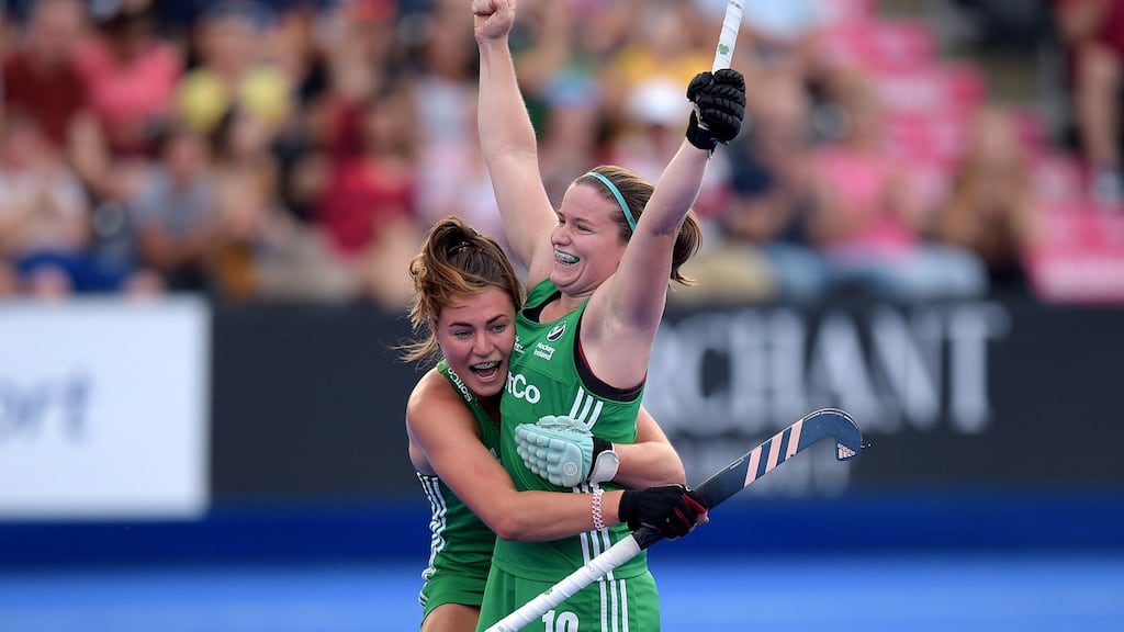 Shirley McCay celebrates her goal with Ireland team-mate Deirdre Duke during the Women’s World Cup Pool B game at Lee Valley Stadium in London. Photograph: Joe Toth/Inpho