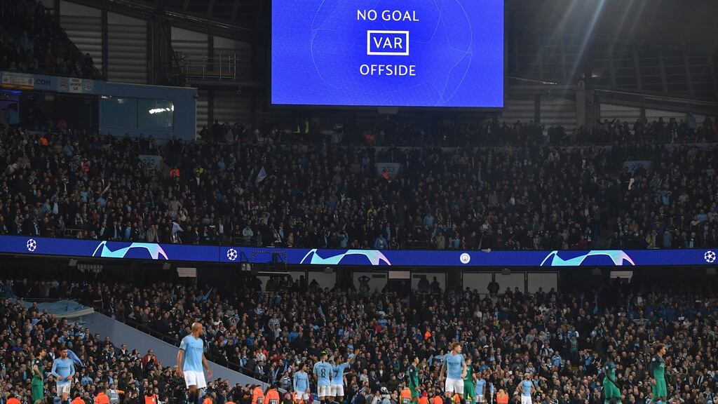 Raheem Sterling’s goal against Tottenham is ruled out by VAR. Photograph: Anthony Devlin/AFP