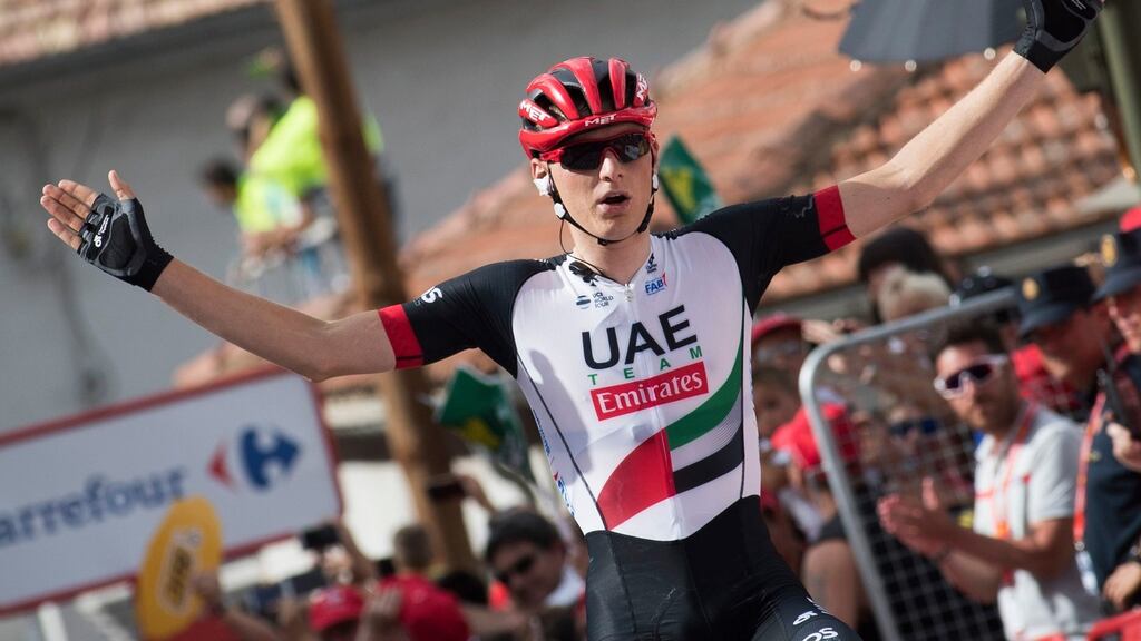 Matej Mohoric celebrates as he crosses the finish line to win the seventh stage of “La Vuelta” in Cuenca. Photograph: Getty Images