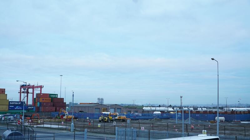 Ongoing work on the primary inspection posts where imported goods will be checked post Brexit at Dublin Port. Photograph: Enda O’Dowd