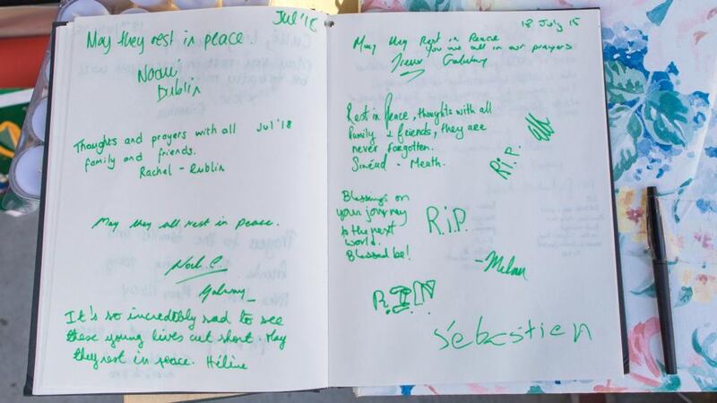 A page from one of the condolence books at the memorial on the street where the Berkeley tragedy occurred. Locals have been maintaining the memorial and providing fresh flowers. Photograph: Martin Lacey.