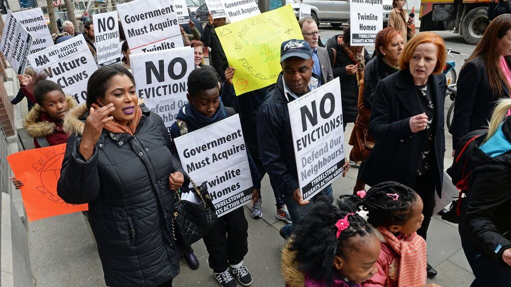 People taking part in a protest organised by Tyrrelstown Tenants Action Group , outside Davy House with a march to Leinster House on Tuesday. Photograph: Eric Luke/The Irish Times