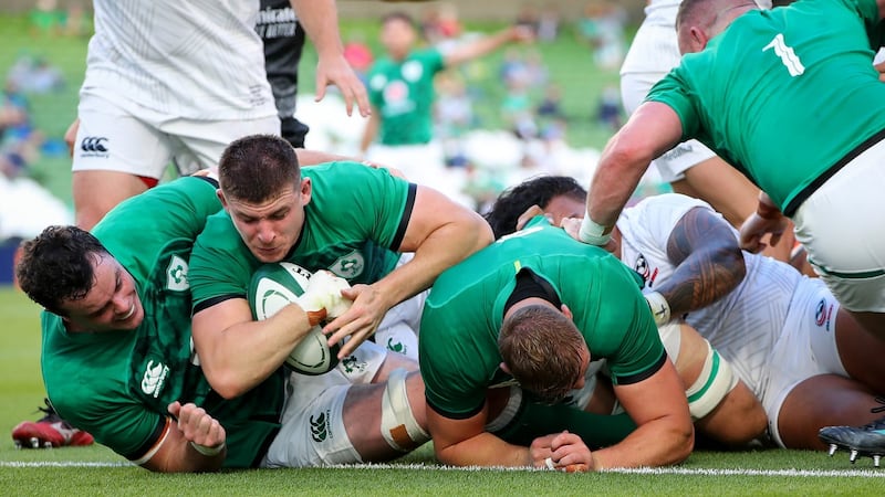 Ireland’s Nick Timoney scores a try at the Aviva Stadium. Photograph: Ryan Byrne/Inpho