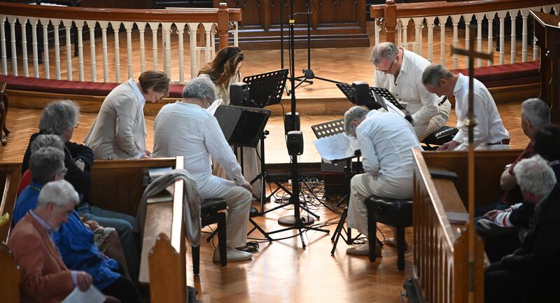Lovely Music: Neue Vocalsolisten prepare for their performance of Stimmung. Photograph: Ken Finegan/Newspics