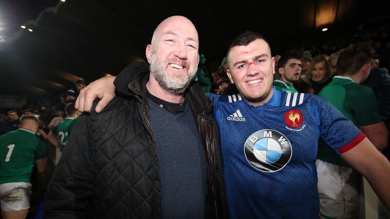 Former Ireland international Trevor Brennan with his son, France Under-20 international Daniel Brennan, following their Six Nations U20 match against Ireland at Stade Chaban-Delmas in Bordeaux in February 2018. Photograph: Bryan Keane/Inpho