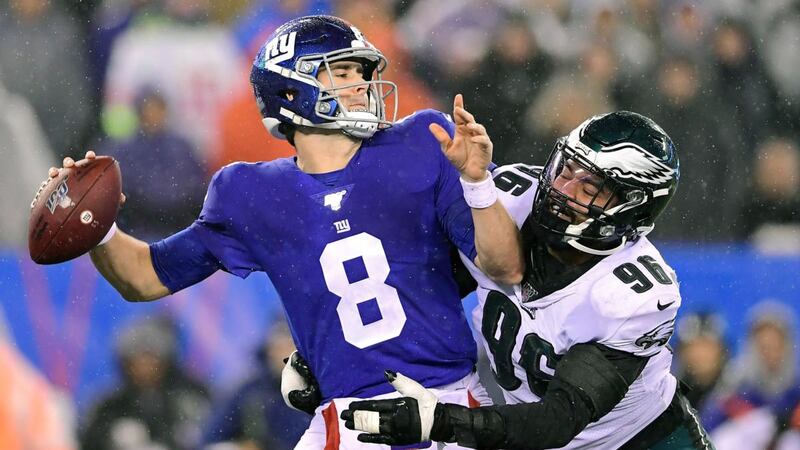 Derek Barnett of the Philadelphia Eagles sacks Daniel Jones of the New York Giants. Photograph: Steven Ryan/Getty