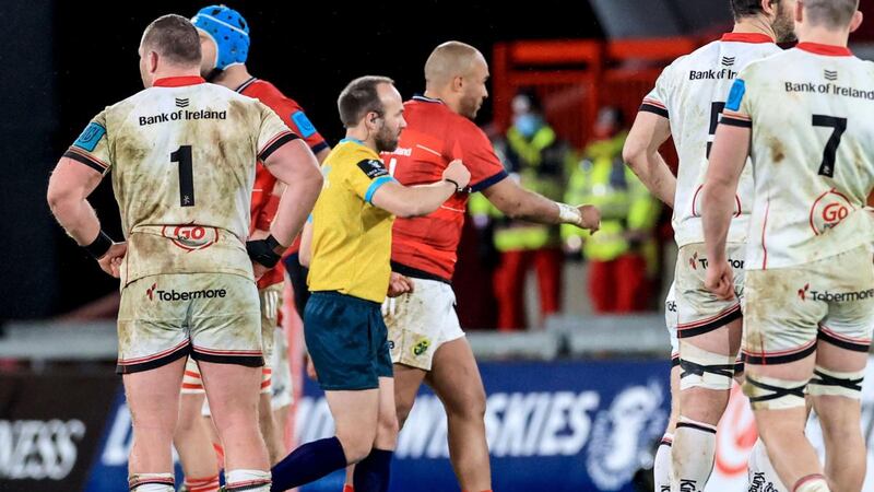 Munster defied Simon Zebo’s red card to beat Ulster in the URC. Photograph: Billy Stickland/Inpho