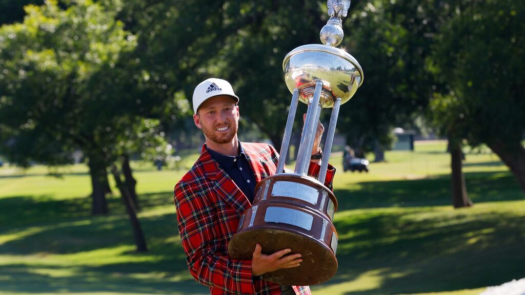 Daniel Berger celebrates after his play-off victory in the Charles Schwab Challenge. Photograph: Ronald Martinez/Getty
