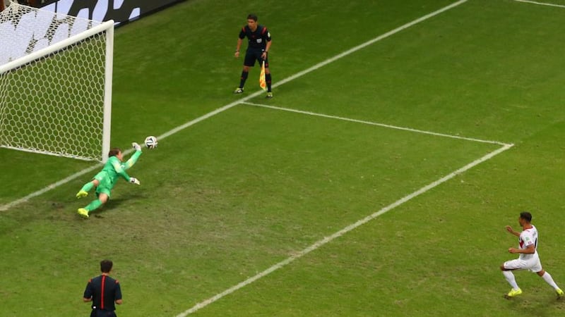 Goalkeeper Tim Krul (left) of the Netherlands saves the shot by Michael Umana of Costa Rica during the penalty shootout in their World Cup quarter-final at the Fonte Nova Arena. Photograph: Erdjan Suki / EPA