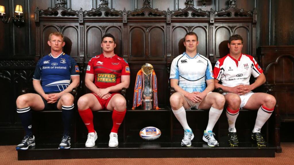 (L-R) Leo Cullen, Rob McCusker, Alastair Kellock and Johann Muller ahead of the PRO12 semi-finals this weekend. Photograph: Billy Stickland/Inpho