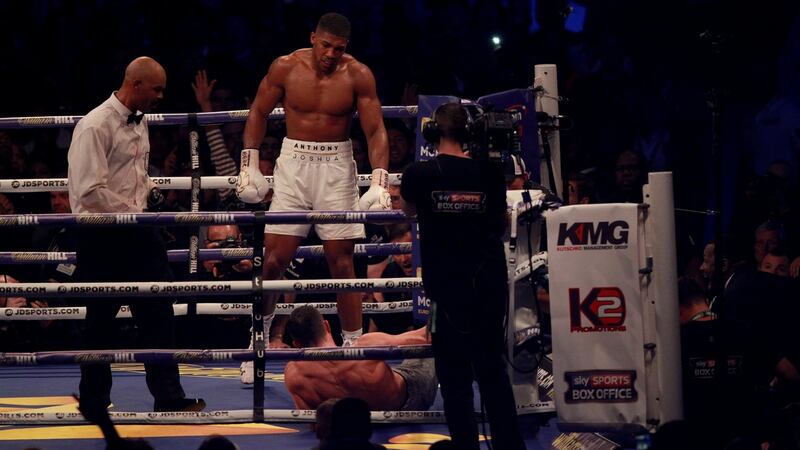 Anthony Joshua defeats Wladimir Klitschko by stoppage in the 11th round of their world heavyweight champion fight at Wembley Stadium in London. Photograph: Sean Dempsey/EPA