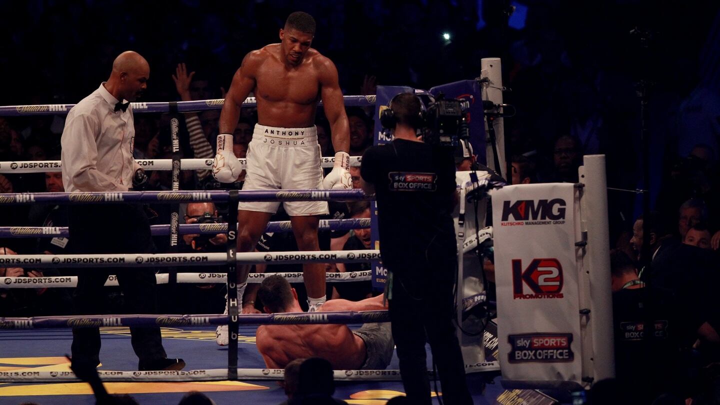 Anthony Joshua defeats Wladimir Klitschko by stoppage in the 11th round of their world heavyweight champion fight at Wembley Stadium in London. Photograph: Sean Dempsey/EPA