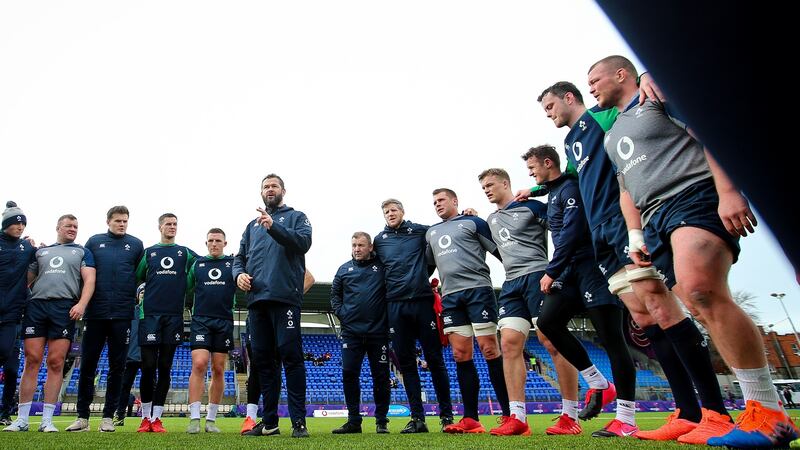 Head coach Andy Farrell talks to his players during an Ireland training session at Donnybrook. Photograph: Tommy Dickson/Inpho