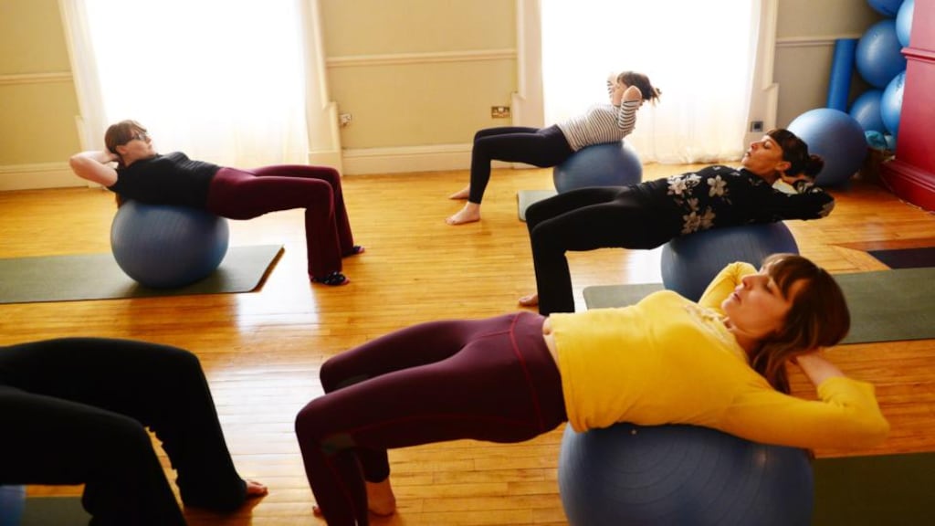 Bridgette (Jett) Horszowski (in the black and white top) doing pilates at the Pilates Plus Qi Rooms in South William Street Dublin. Photograph: Bryan O'Brien