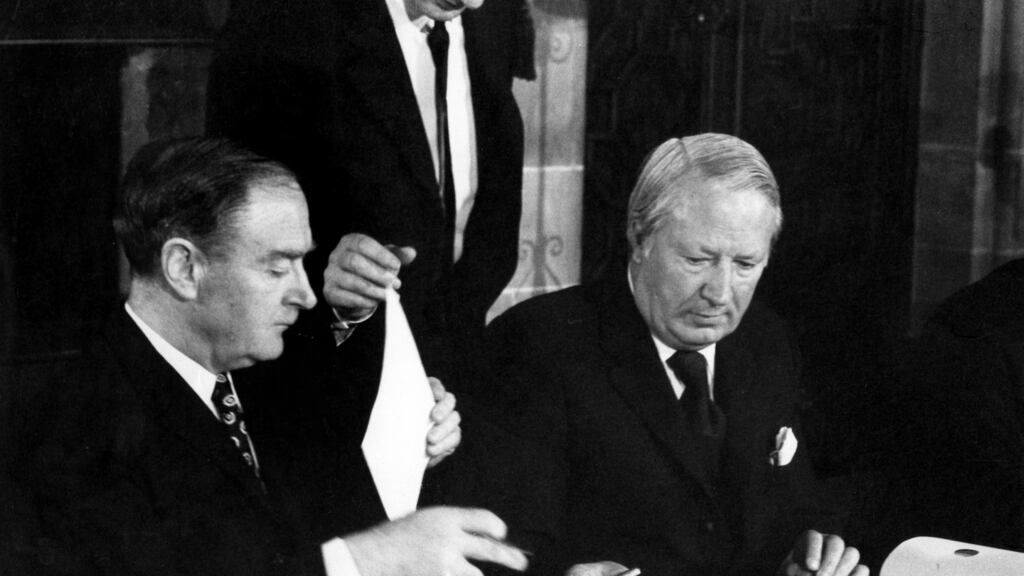 Taoiseach Mr Liam Cosgrave and British prime minister Edward Heath sign the Sunningdale Agreement in December 1973