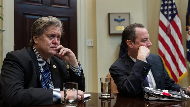 White House chief strategist Steve Bannon and chief of staff Reince Priebus look on as US president Donald Trump meets Senate and House legislators in the Roosevelt Room at the White House on February 2nd. Photograph: Drew Angerer/EPA
