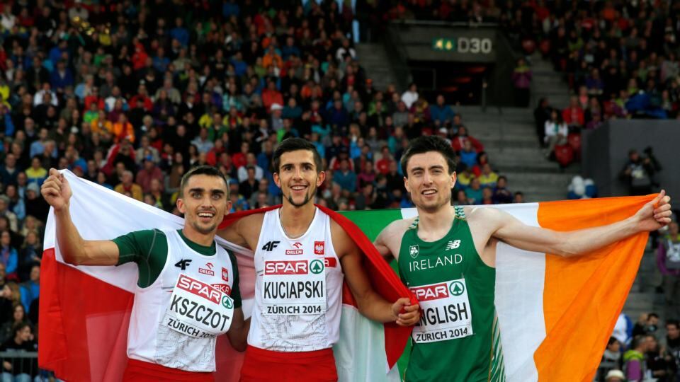Gold medalist Adam Kszczot (left) of Poland celebrates with silver medalist Artur Kuciapski (centre) of Poland and bronze medalist Mark English of Ireland after the Men’s 800m at Stadium Letzigrund in Zurich, Switzerland. Photograph: Dean Mouhtaropoulos/Getty Images